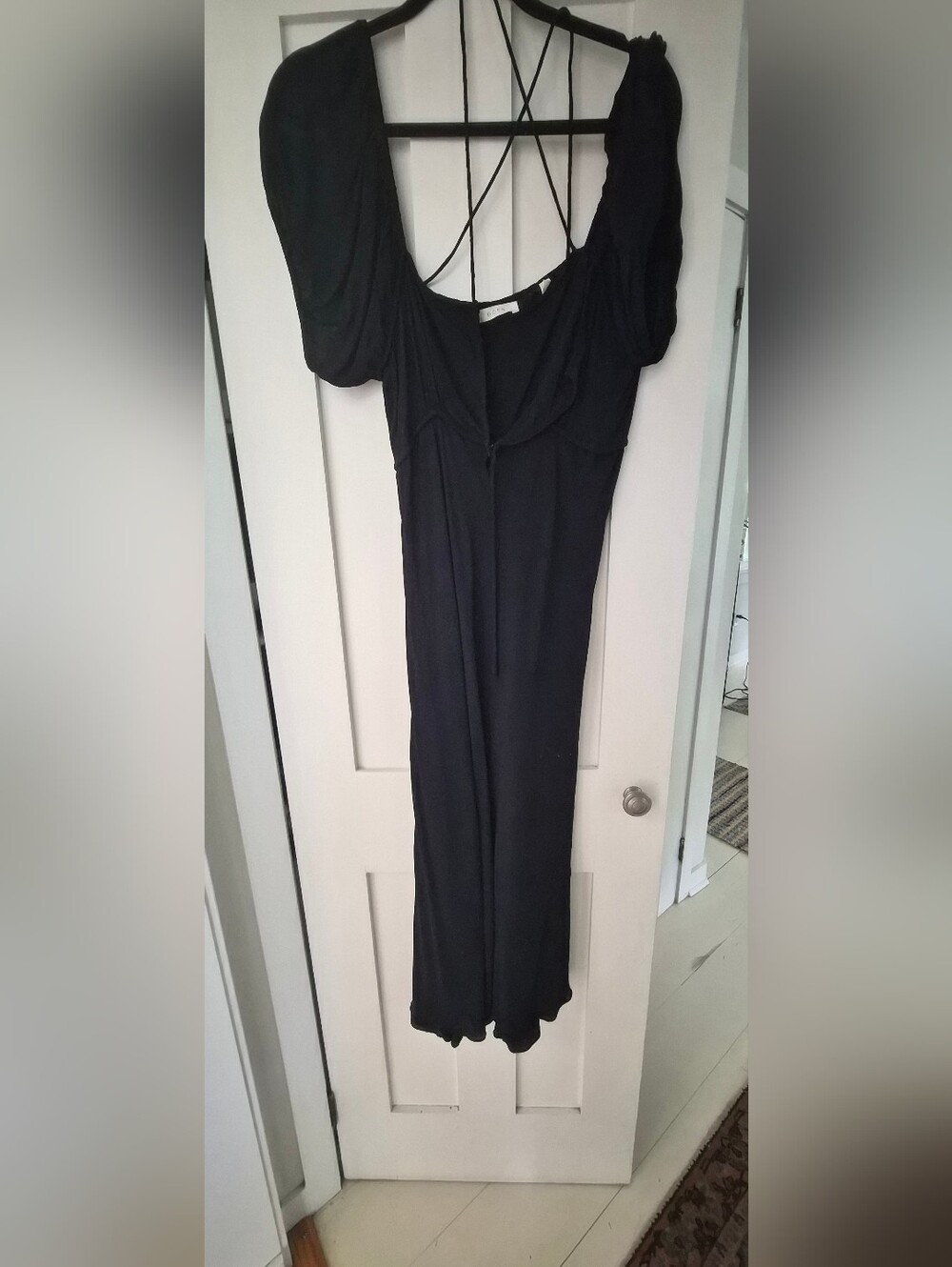 DÔEN Black Viscose Midi Dress XXL Open Back Puff Sleeve Romantic Cottagecore